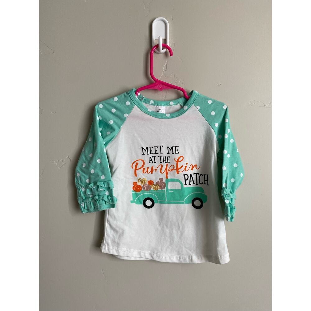 Meet Me At The Pumpkin Patch Mint Ruffled Sleeved Girls Fall Raglan Shirt